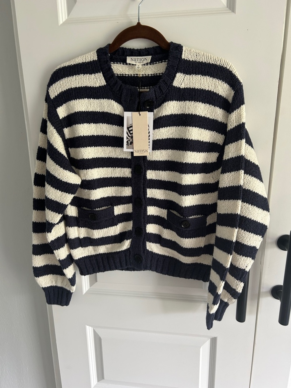 Anthropologie Nation Los Angeles Tessa Marine‎ stripe cotton Cardigan small - Picture 3 of 10